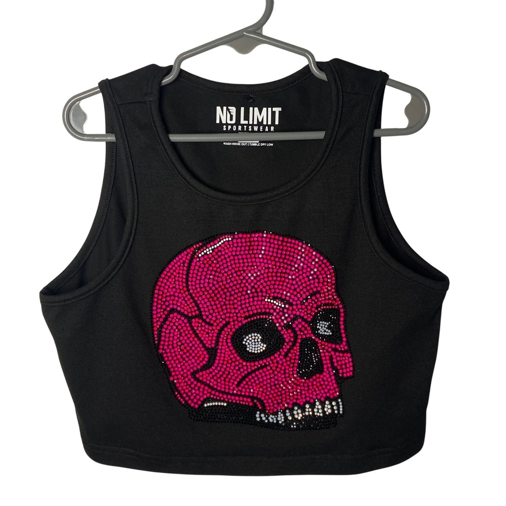 Kids‎ No Limit Sportswear Black Crop Top Rhinestone Pink Skull Sleeveless